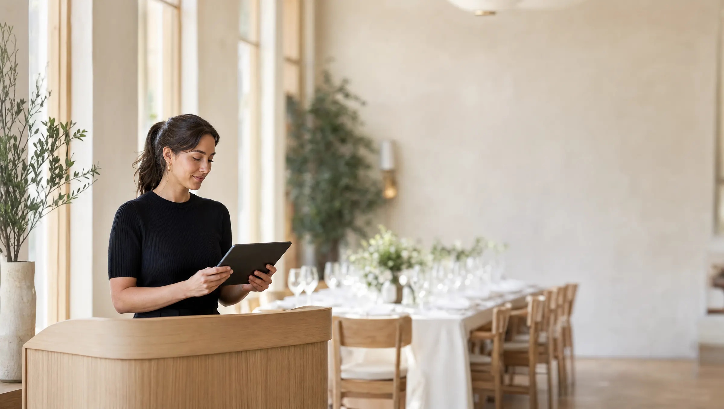 A restaurant in daylight: an events manager checks a tablet at the host stand, a long table set for a party behind her.