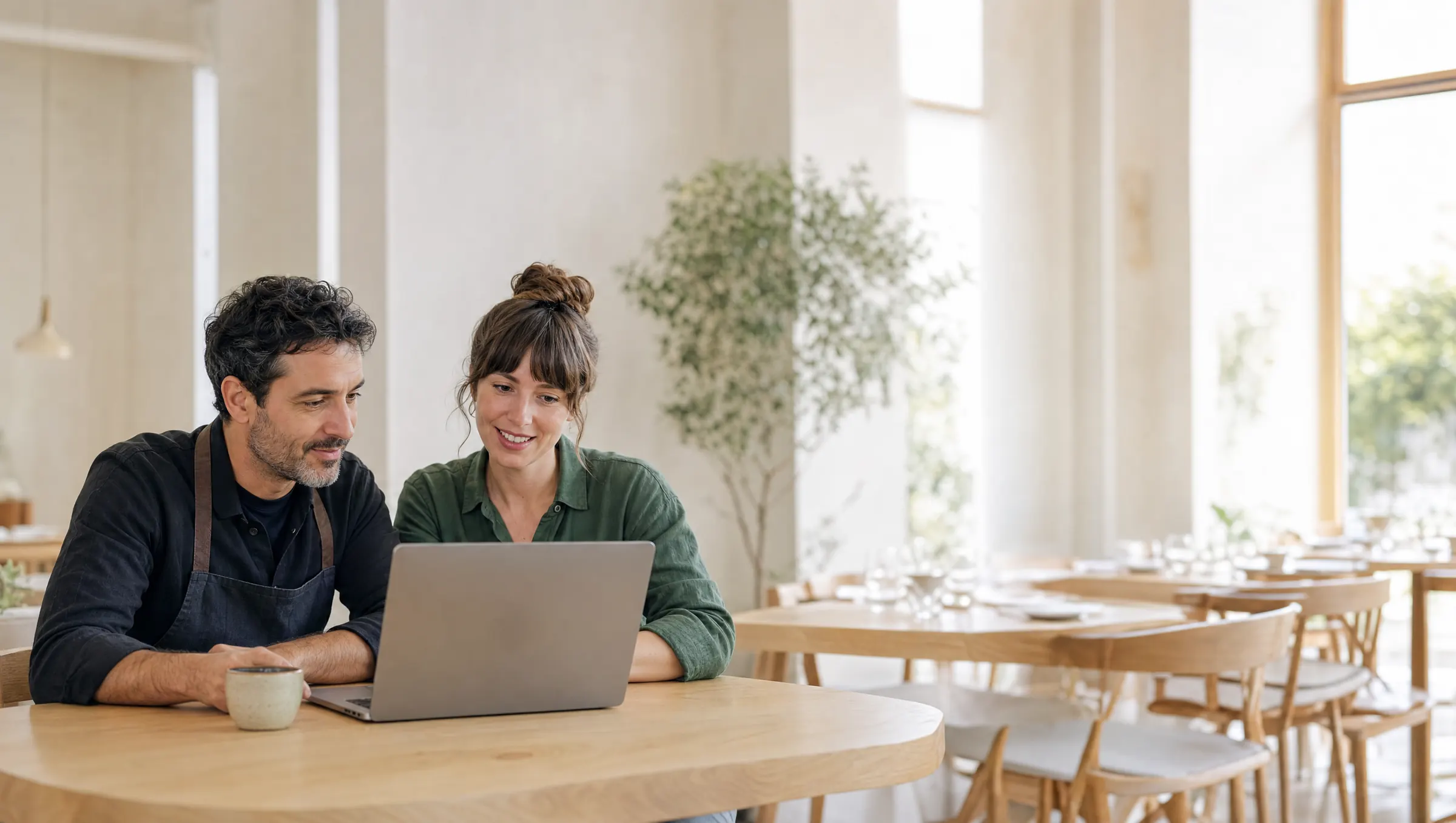 A restaurant owner and a Vespar specialist set up the venue together at a laptop in an empty dining room.