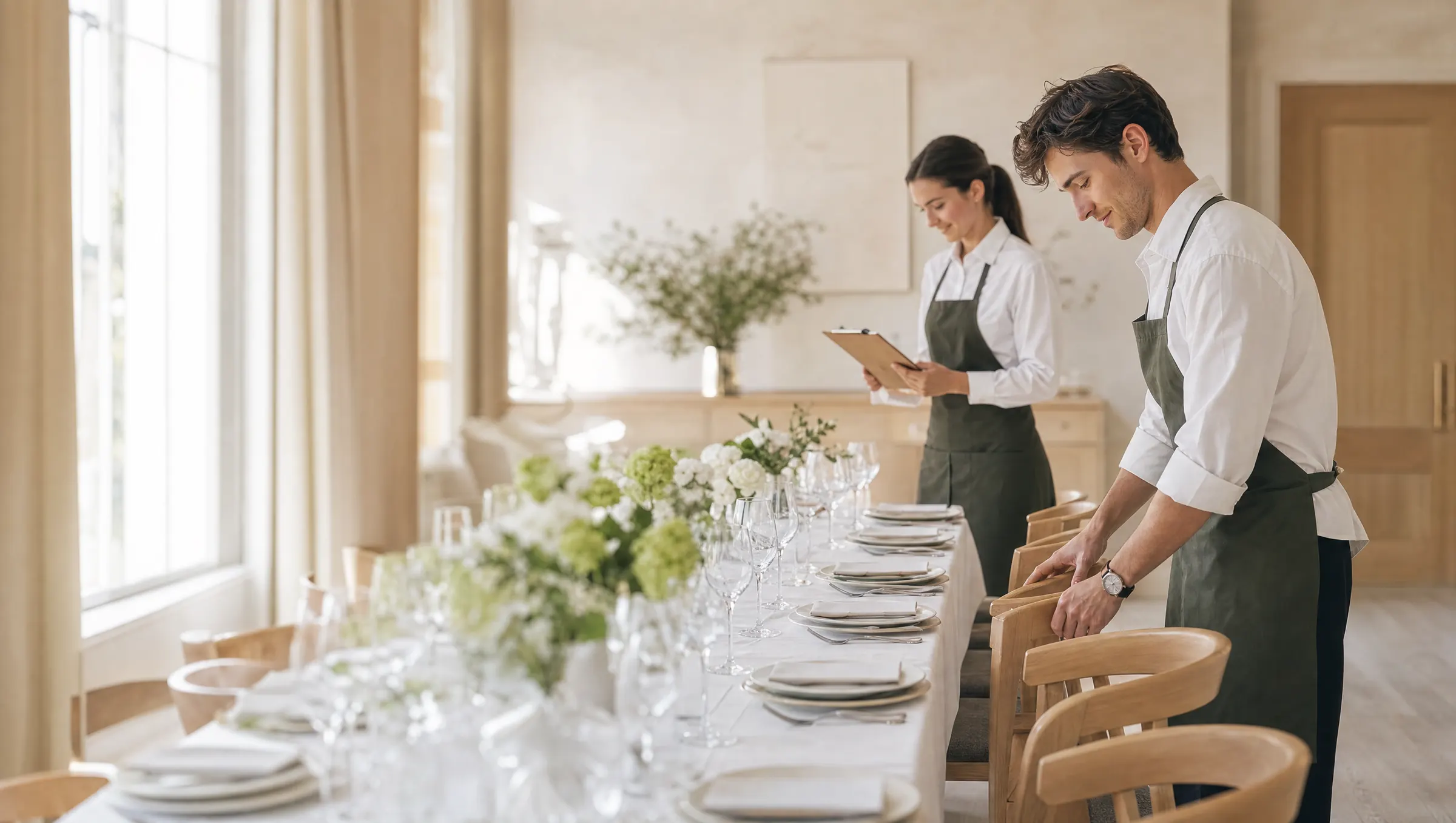 Two restaurant staff set a private room before an evening event.