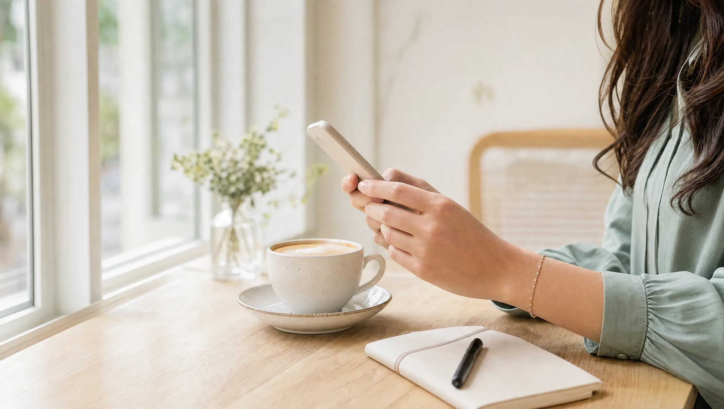 A guest plans a birthday dinner on her phone at a bright cafe table.