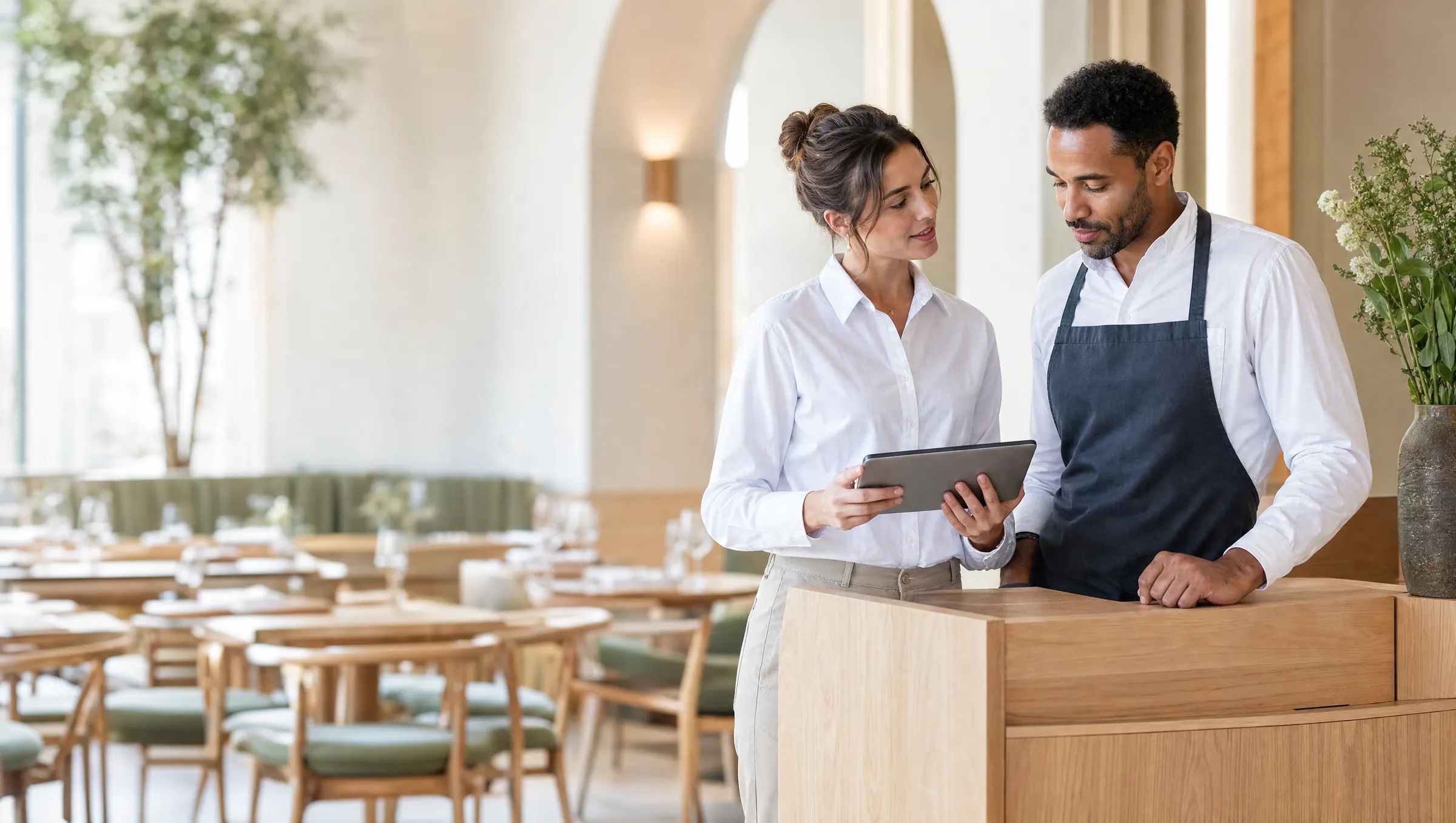 A restaurant manager and a colleague with a tablet decide a guest's request together at the host stand.