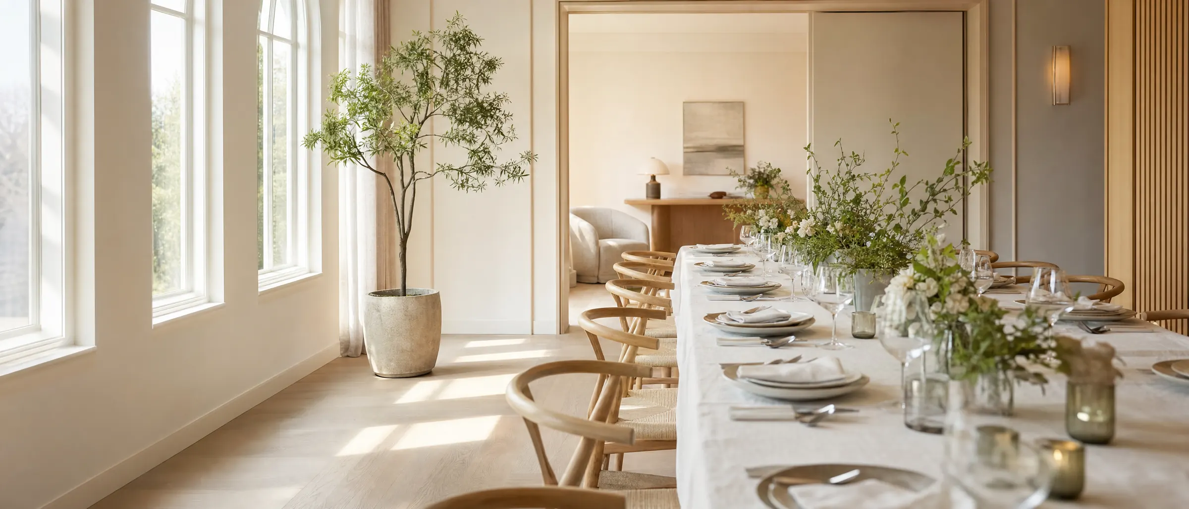 A bright private dining room with a long table set for a dinner party.
